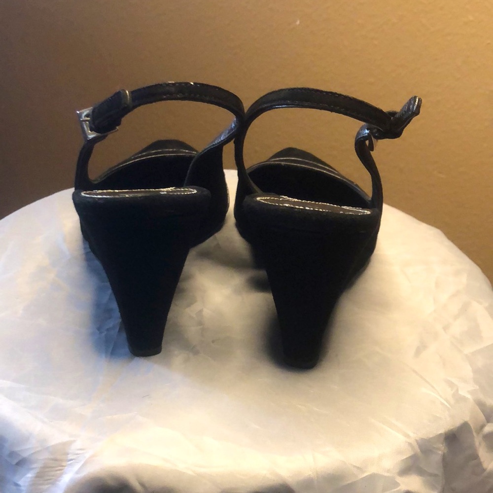 Prada Black Suede Peep-Toe Slingback Wedge Heels - Picture 6 of 8
